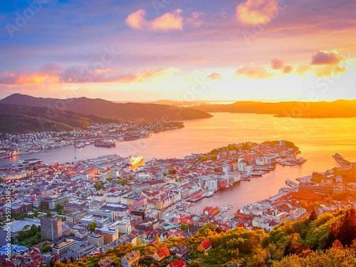 Dramatic sunset view of Bergen from Floyen mountain, Norway