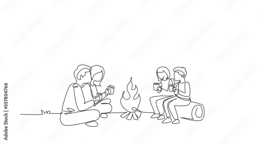 Animated self drawing of continuous line draw family camping with campfire and drinking hot tea. Kids sitting on logs, mom dad sitting on ground in forest. Wild nature. Full length one line animation