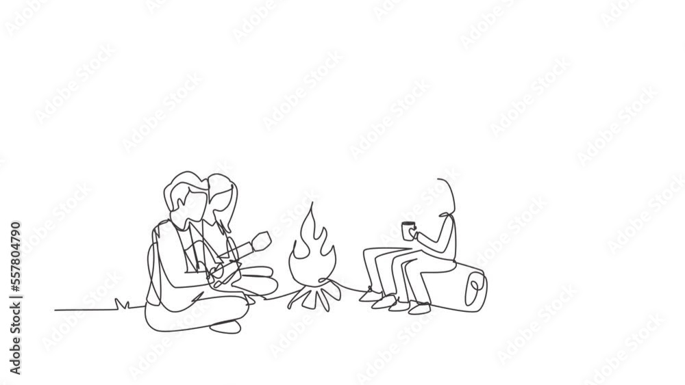 Animated self drawing of continuous line draw family camping with campfire and drinking hot tea. Kids sitting on logs. Dad playing guitar and sit on ground with mom. Full length single line animation Animated self drawing of continuous line draw family camping with campfire and drinking hot tea. Kids sitting on logs. Dad playing guitar and sit on ground with mom. Full length single line animation
