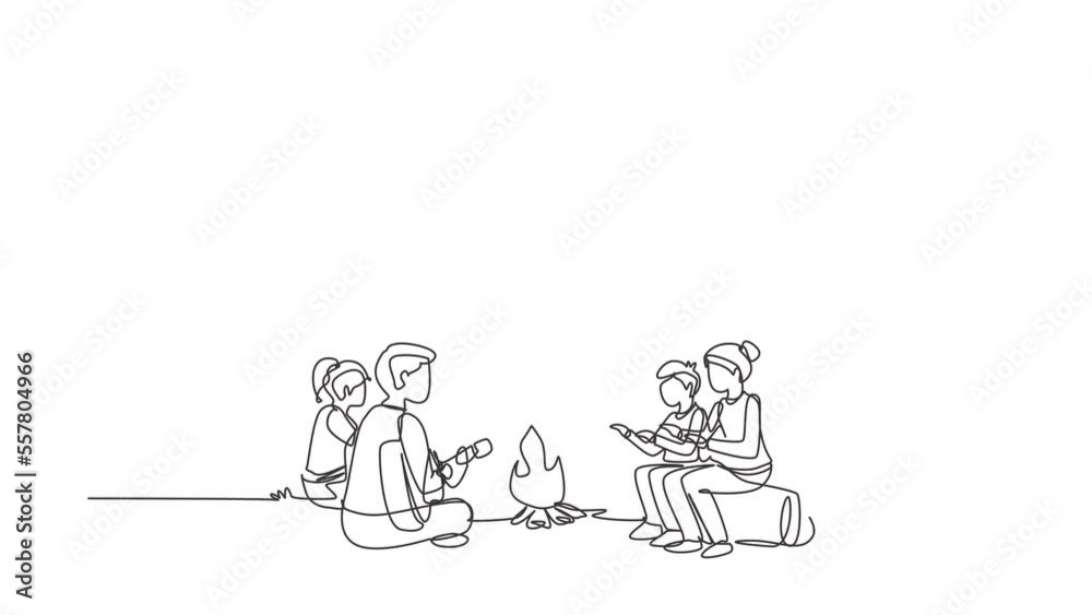 Self drawing animation of single line draw camping family warm their bodies around campfire. Dad playing guitar, mom kids sitting on ground logs, sing song. Continuous line draw. Full length animated