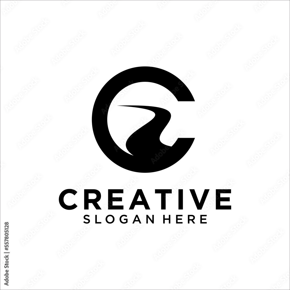 C Letter With River Logo Design Template