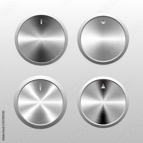 Set of four circular control knobs in a shiny, aluminum, chrome, silver and stainless steel 