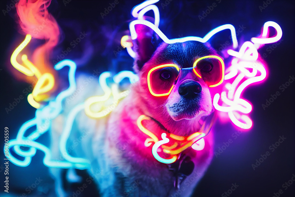cyberpunk style cute dog, neon colors , bright smoke in background cyberpunk style cute dog, neon colors , bright smoke in background