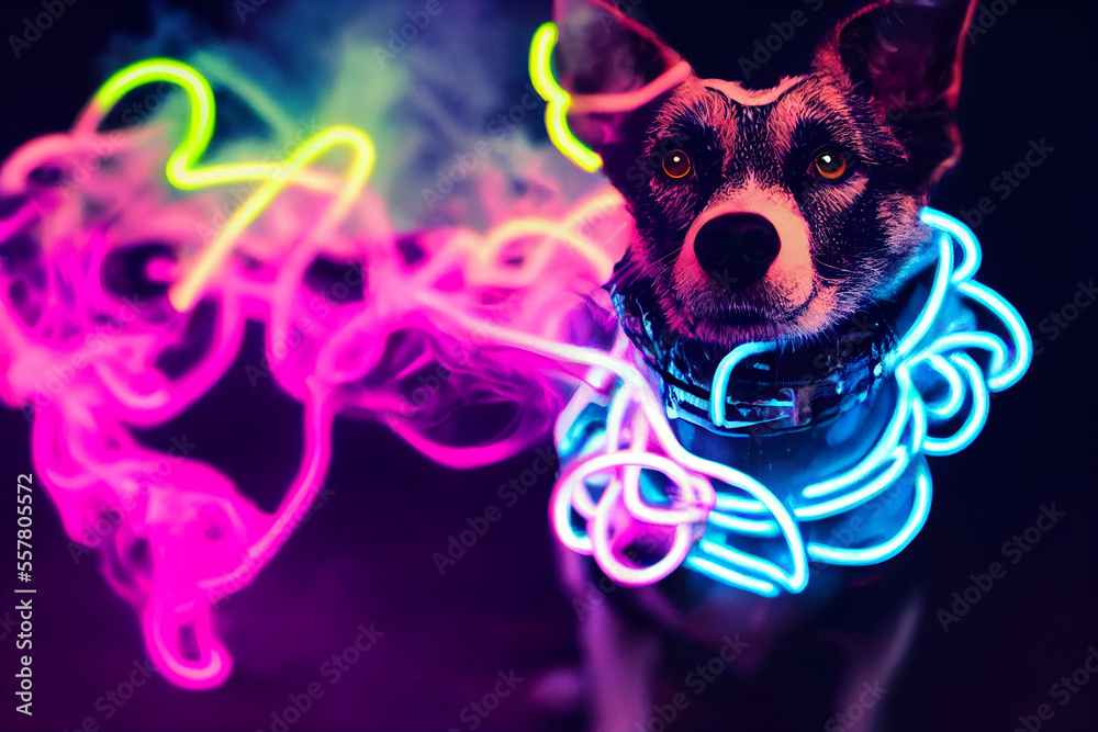 cyberpunk style cute dog, neon colors , bright smoke in background cyberpunk style cute dog, neon colors , bright smoke in background