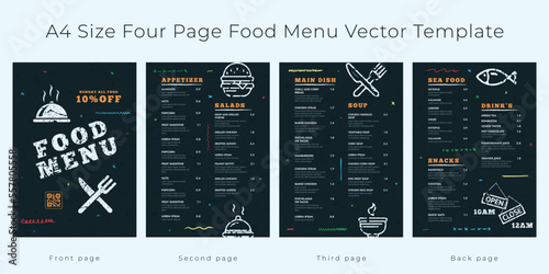 Restaurant cafe menu, template design,
A4 Size, Four page food menu template