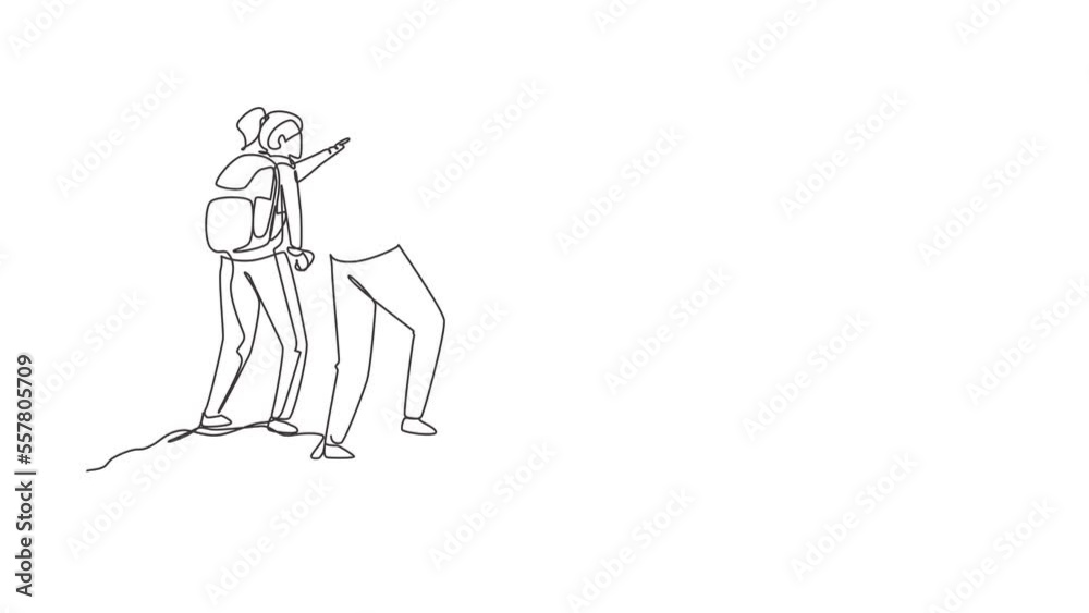 Animated self drawing of continuous line draw couple on mountain. Happy woman, man climbers. Female hikers standing on rock look mountain landscape. Trekking outdoor. Full length one line animation Animated self drawing of continuous line draw couple on mountain. Happy woman, man climbers. Female hikers standing on rock look mountain landscape. Trekking outdoor. Full length one line animation