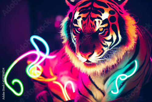 cyberpunk style cute tiger  neon colors   bright smoke in background