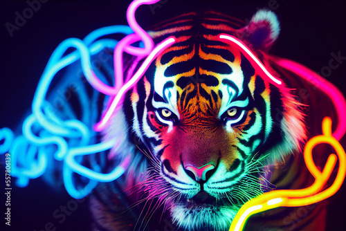 cyberpunk style cute tiger, neon colors , bright smoke in background © surassawadee