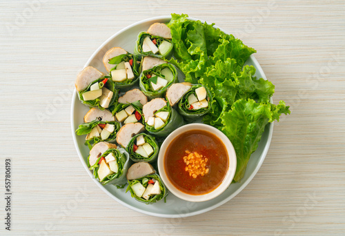 Vietnamese meatball wrap or Vietnamese salad roll or Namnueng or Nem Nuong photo