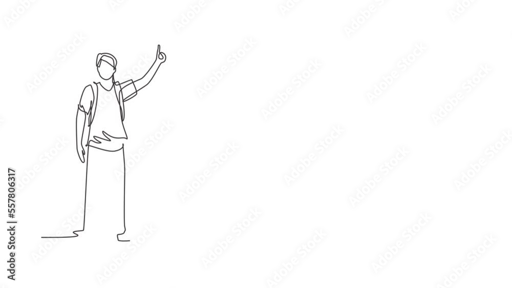 Animated self drawing of continuous line draw man with a big backpack stopped a ride by thumbing. Hitchhiking road travel. Boy with backpack traveling by auto stop. Full length single line animation Animated self drawing of continuous line draw man with a big backpack stopped a ride by thumbing. Hitchhiking road travel. Boy with backpack traveling by auto stop. Full length single line animation