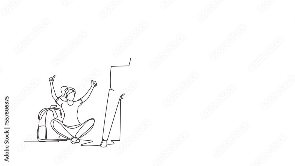 Animated self drawing of continuous line draw hitchhiking men and women with luggage and thumbs up waiting for car by roadside. Adventure travel, road trip, tourism. Full length single line animation Animated self drawing of continuous line draw hitchhiking men and women with luggage and thumbs up waiting for car by roadside. Adventure travel, road trip, tourism. Full length single line animation