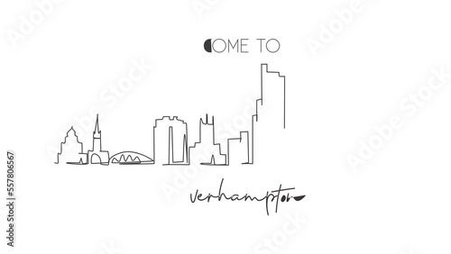 Animated self drawing of continuous line draw Wolverhampton skyline, England. Famous city scraper landscape. World travel home wall decor art poster print concept. Full length single line animation photo