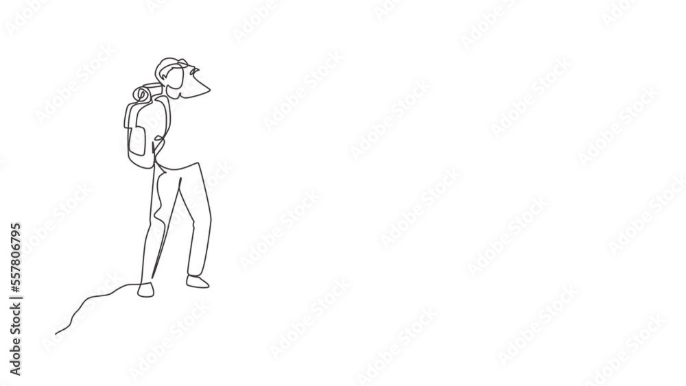 Animated self drawing of continuous line draw man hiker at the top of the mountain looking into distance. Adventure in mountainous terrain. Exploration, adventure. Full length single line animation Animated self drawing of continuous line draw man hiker at the top of the mountain looking into distance. Adventure in mountainous terrain. Exploration, adventure. Full length single line animation