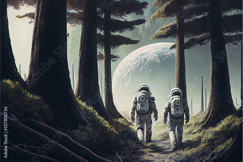 astronauts walk under a giant tree on an alien planet