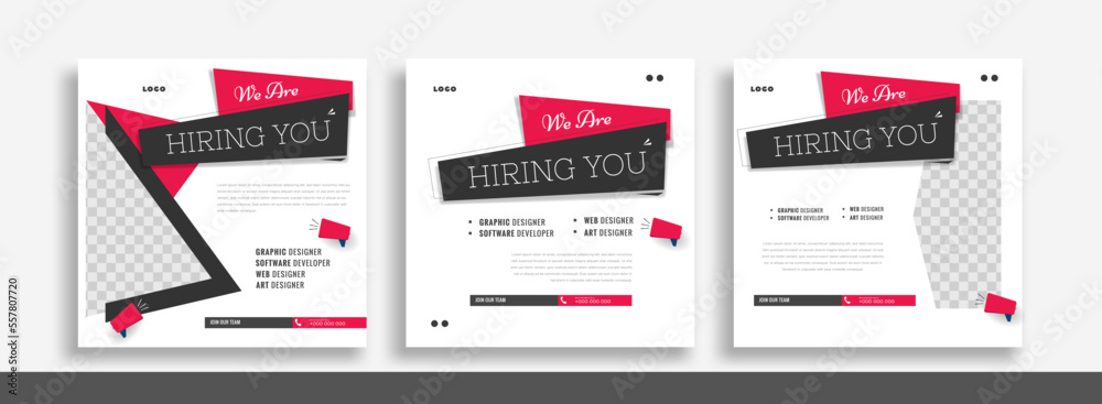 We are hiring job vacancy social media post banner design template. We are hiring job vacancy square web banner design. We are hiring job vacancy social media post banner design template. We are hiring job vacancy square web banner design.