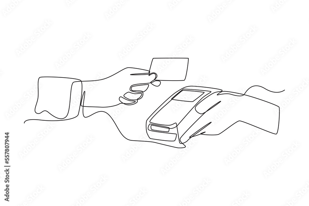 Single one line drawing hand using a credit or debit card for transactions through the terminal
