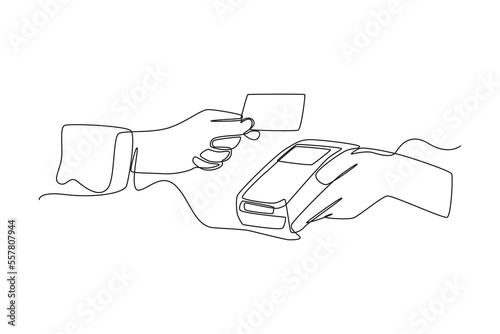 Single one line drawing hand using a credit or debit card for transactions through the terminal. Cashless payment concept. Continuous line draw design graphic vector illustration.