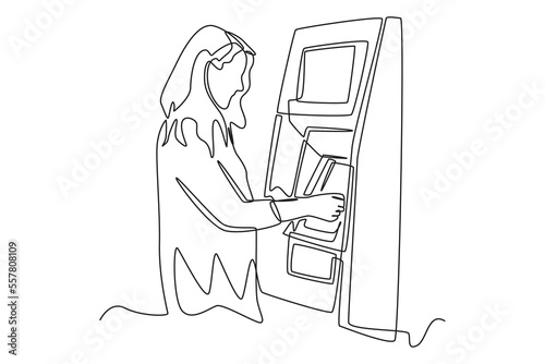 Single one line drawing happy woman withdrawing money from credit card at ATM. Continuous line draw design graphic vector illustration.
