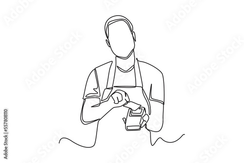 Single one line drawing Young man barista in coffee shop using wireless bank payment terminal for transactions. Cashless payment concept. Continuous line draw design graphic vector illustration.