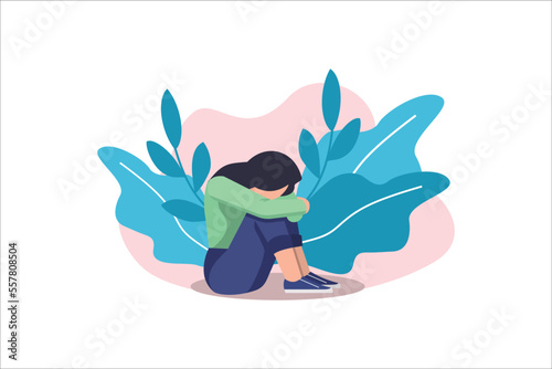 Depressed sad lonely woman in anxiety, sorrow vector cartoon illustration. Loneliness concept of depression with stressed girl sitting and holding her knees need psychotherapy help, empathy, support