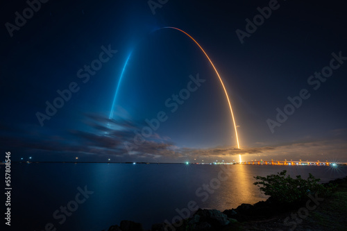 Fototapeta Naklejka Na Ścianę i Meble -  Long exposure of the SpaceX Crew-2 launch from Kennedy Space Center on April 23, 2021.