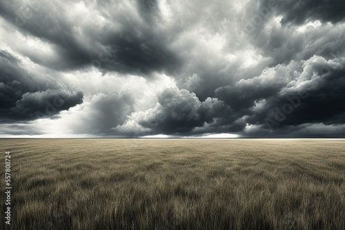 Wide Shot of Stormy Clouds Above a Lush Green Grass Field, Weather Concept