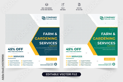 Farm and gardening service social media post vector with blue and yellow colors. Agriculture service discount poster for marketing. Lawn mowing and landscaping business promotional web banner vector.