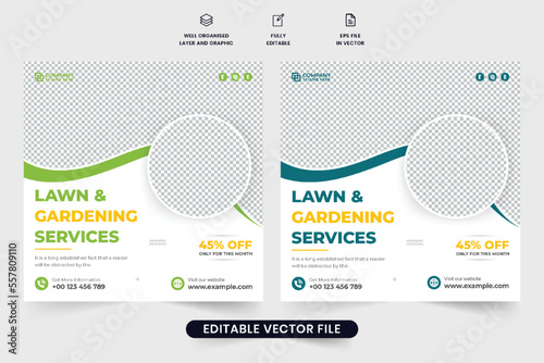 Landscaping and mowing business promotional web banner design with photo placeholders. Gardening and farming service advertisement template design for marketing. Lawn and gardening social media post.