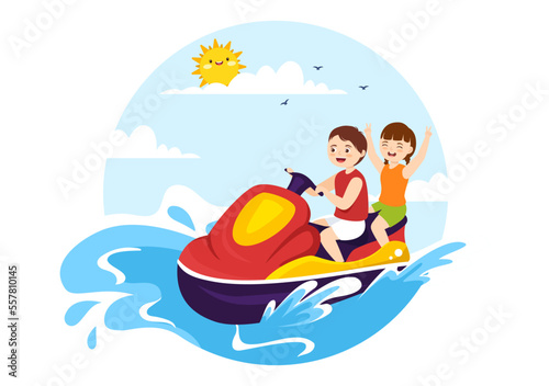 Kids Ride Jet Ski Illustration Summer Vacation Recreation  Extreme Water Sports and Resort Beach Activity in Hand Drawn Flat Cartoon Template