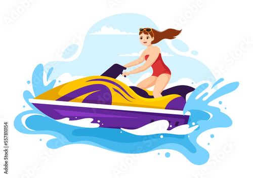 People Ride Jet Ski Illustration Summer Vacation Recreation, Extreme Water Sports and Resort Beach Activity in Hand Drawn Flat Cartoon Template