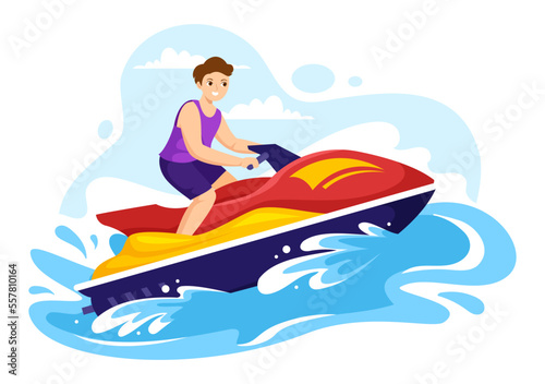 People Ride Jet Ski Illustration Summer Vacation Recreation, Extreme Water Sports and Resort Beach Activity in Hand Drawn Flat Cartoon Template