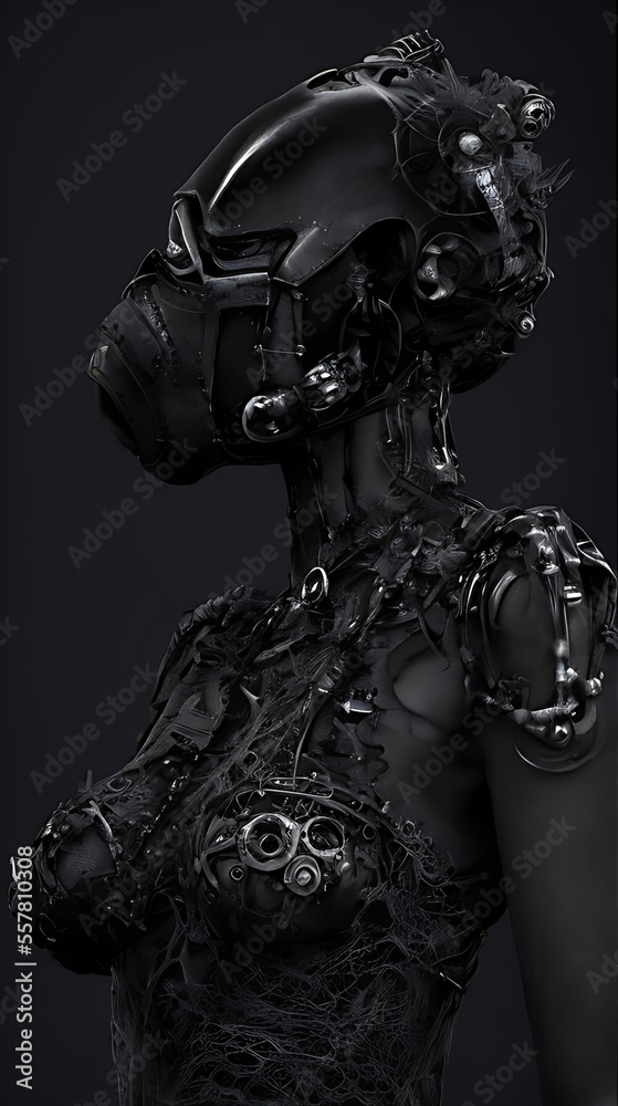 Fototapeta premium Generative AI : Cyborg Lady in Black with intricate biomechanical fittings and attachments