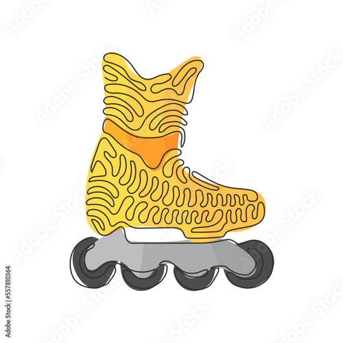 Continuous one line drawing modern roller blades. Man style roller skates. Inline skates sport. Skate. Pair of inline roller skates. Swirl curl style. Single line design vector graphic illustration