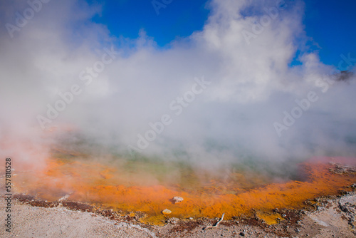 Rotorua Wai-o-Tapu Champaign pool weird and unique landscape, geothermal activity, volcanic landforms, hot pools and lakes North Island New Zealand