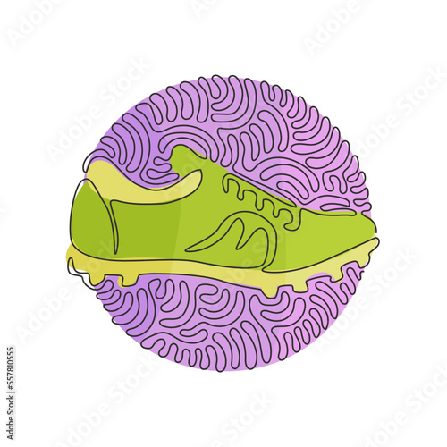 Single continuous line drawing Football boots. Soccer boots. Soccer shoes. Soccer football boots cleats shoes. Swirl curl circle background style. One line draw graphic design vector illustration