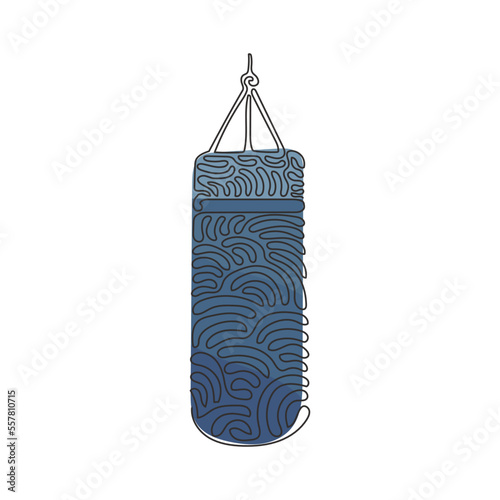 Single one line drawing black punching bag logo isolated. Hitting bag for boxing training. Boxing equipment exercise. Swirl curl style. Modern continuous line draw design graphic vector illustration