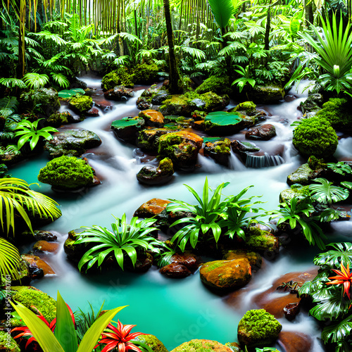 Tropical pattern rolling water with jungle vegetation and exotic fauna in bright colors