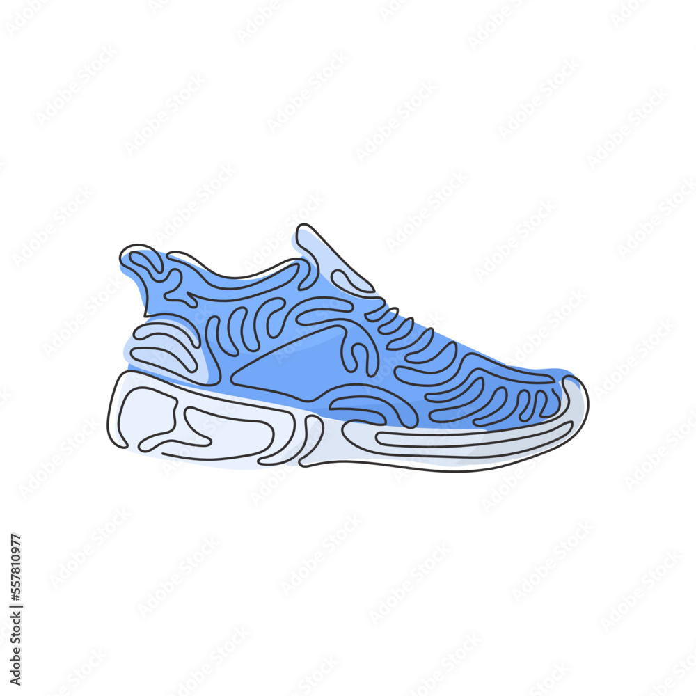 Single one line drawing fitness sneakers shoes for training, running shoe. Sport running shoe for training and fitness. Swirl curl style. Modern continuous line draw design graphic vector illustration Single one line drawing fitness sneakers shoes for training, running shoe. Sport running shoe for training and fitness. Swirl curl style. Modern continuous line draw design graphic vector illustration