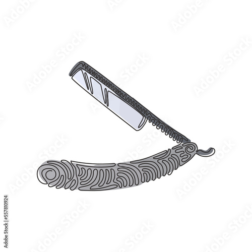 Single continuous line drawing Shaving razor. Realistic illustration of straight razor with handle and wet shave razors for men. Swirl curl style. One line draw graphic design vector illustration