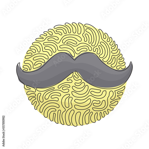 Single continuous line drawing old style mustaches. Adult man moustaches. Mustache vintage facial. Swirl curl circle background style. Dynamic one line draw graphic design vector illustration