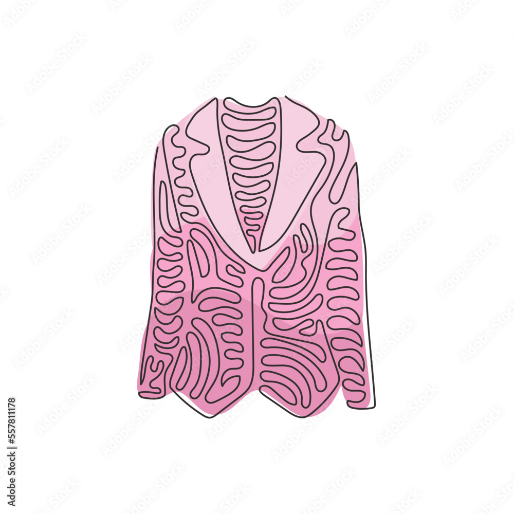 Obraz premium Single one line drawing women blazer or jacket. Basic clothes in business style. Dress-coat. Business attire. Woman wear. Swirl curl style. Continuous line draw design graphic vector illustration