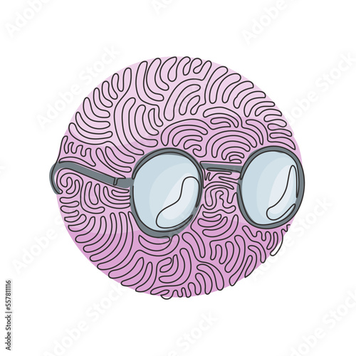 Single one line drawing Round black-rimmed glasses. Side of myopia glasses, round frame, with black glasses legs. Swirl curl circle background style. Modern continuous line draw design graphic vector
