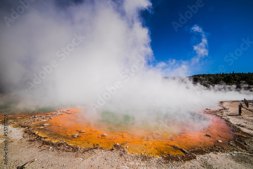 Rotorua Wai-o-Tapu Champaign pool weird and unique landscape, geothermal activity, volcanic landforms, hot pools and lakes North Island New Zealand