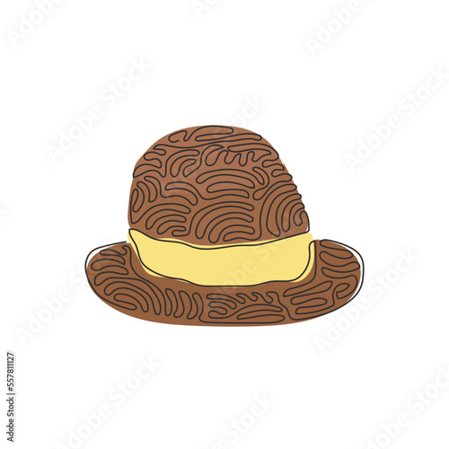 Single one line drawing fedora hat, side view, with tan leather band, indented crown and brims snapped up. Men head accessory. Swirl curl style. Continuous line draw design graphic vector illustration