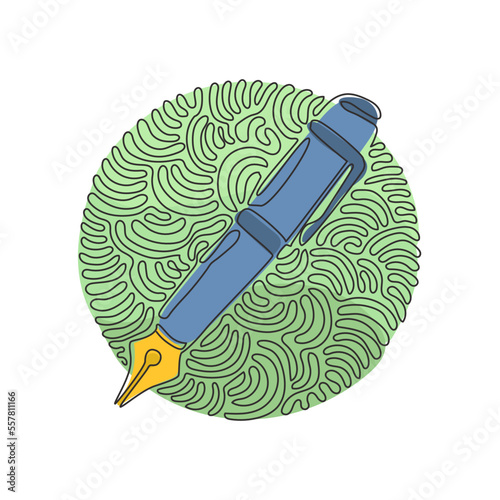 Continuous one line drawing pen, write icon. Line and glyph version, Signature pen outline and filled vector sign. Swirl curl circle background style. Single line design vector graphic illustration