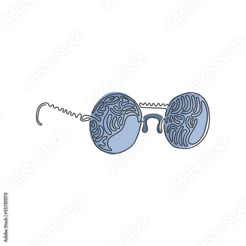 Single continuous line drawing Circle vintage glasses. Round black-rimmed glasses. Side of myopia glasses, round frame, with black glasses legs. Swirl curl style. One line draw graphic design vector