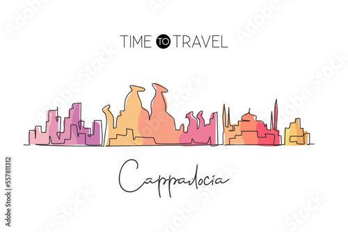 Continuous one line drawing Cappadocia city skyline, Turkey. Beautiful landmark artwork. World landscape tourism travel wall decor poster print art. Stylish single line draw design vector illustration