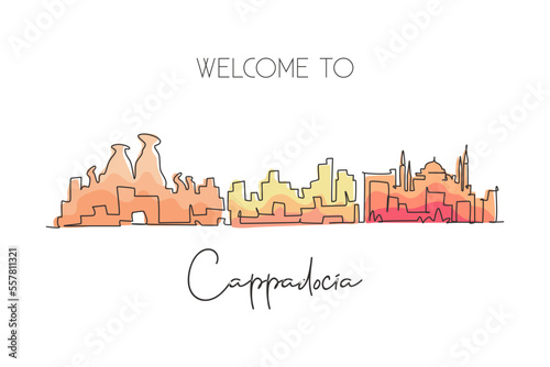 Single one line drawing Cappadocia city skyline, Turkey. World historical town landscape. Best holiday destination postcard art. Editable stroke trendy continuous line draw design vector illustration