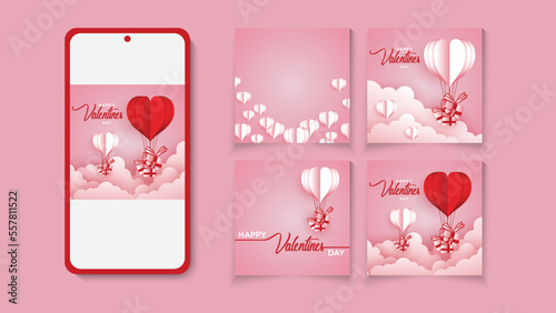 Happy valentines day greeting background in papercut realistic style. Social media post with gift boxes and hearts. Sales promotion on Valentine's Day.