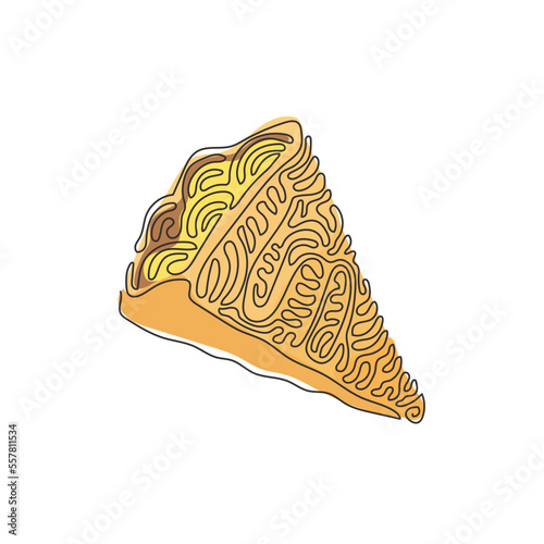 Single continuous line drawing crepes with bananas and chocolate, sweet pancakes in cafe or restaurant. Kids favorite snacks. Swirl curl style. Dynamic one line draw graphic design vector illustration